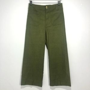 Anthropologie Maeve Colette Cropped Wide-Leg Linen Pants Dark Green 29